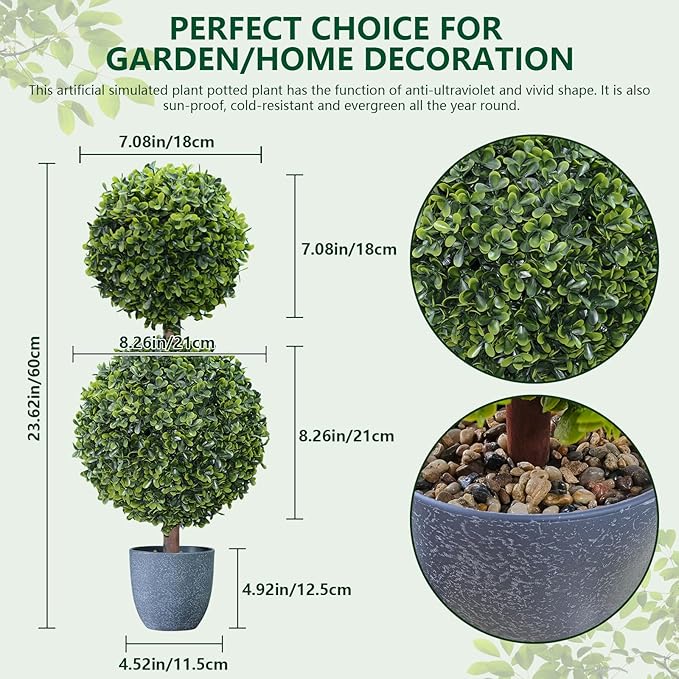 Faux Boxwood Topiary Plants Outdoor 2 Pack 23.6 Inch - Artificial Ball Trees Fake Bush 2 ft Round Shaped Indoor for Backyard, Balcony,Garden, Wedding and Home Décor (24 inches, Boxwood 2 Ball)
