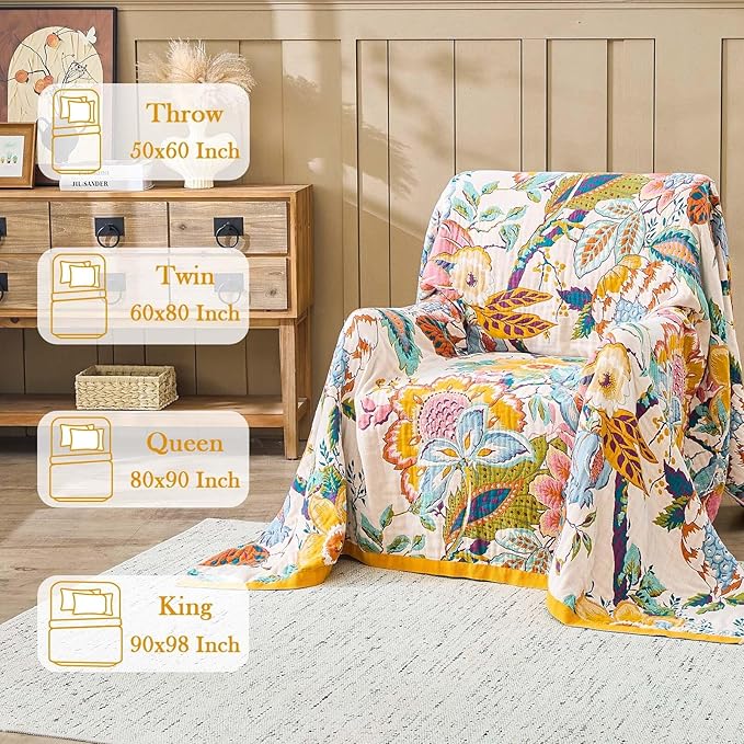 Farmhouse Throw Blanket, 50"x 60" Boho Throw Blankets for Couch Cover, 100% Cotton Bohemian Vintage Quilt for All Seasons Reversible Florals Lightweight Picnic Blankets Home Decoration