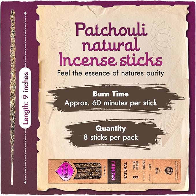 Sargada Madre - 8 Natural Patchouli Incense Sticks, 9 Inches Each - Aromatherapy Sticks for Protection, Love & Prosperity - Purify Your Space & Attract Positive Energy - Extended 1 Hour Burn Time
