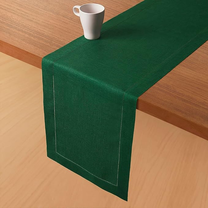 D'Moksha Homes Linen Forest Green Table Runner 120 Inches Long - 100% Pure Linen Hemstitch 14 x 120 Inch Table Runner for Dining, St Patricks Day, Easter - Classic Hemstitch
