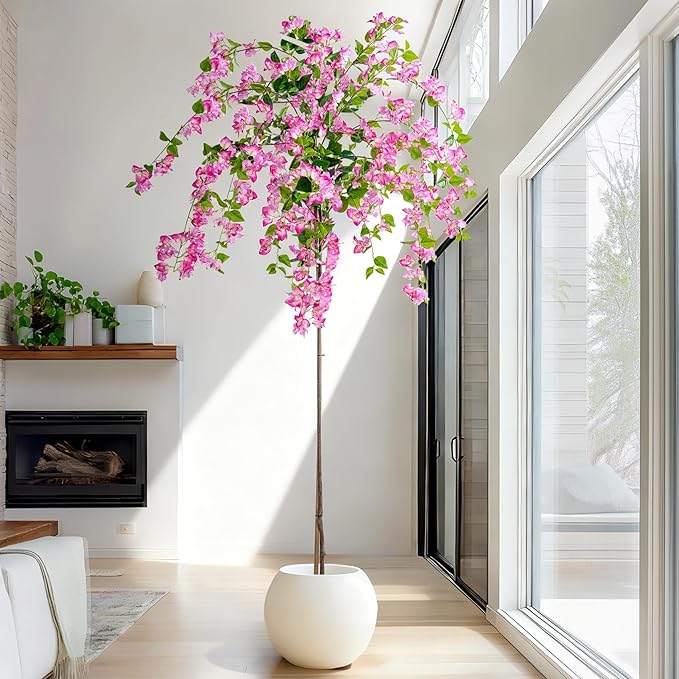 7.2FT Artificial Bougainvillea Tree Artificial Tree Tall Potted Fake Bougainvillea Trees for Outdoor Indoor Lifelike Potted Faux Plants with Wood Trunk and Flowers Office Wedding Home Decor
