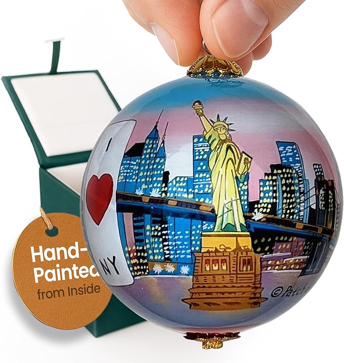 New York City at Sunset Christmas Ornament Hand Painted from Inside with Decorative Gift Box