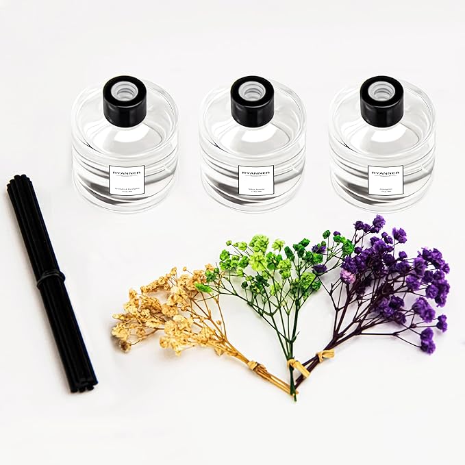 Reed Diffuser Set of 3 Pack,Lavender Eucalyptus/White Jasmine/Lemongrass Scented Oil Diffuser with 12 Sticks(1.7 fl oz Each Pack),Air Freshener for Bedroom Bathroom Office | Shelf Decor