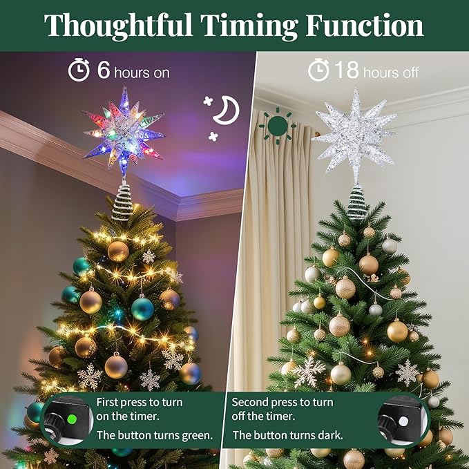 Lewondr Christmas Tree Topper, Plug in 3D Starburst Xmas Lighted Star Tree Topper, Remote Control & Timer Light Up Vintage Moravian Tree Topper for Christmas Decoraiton, Colorful Light, Silver White