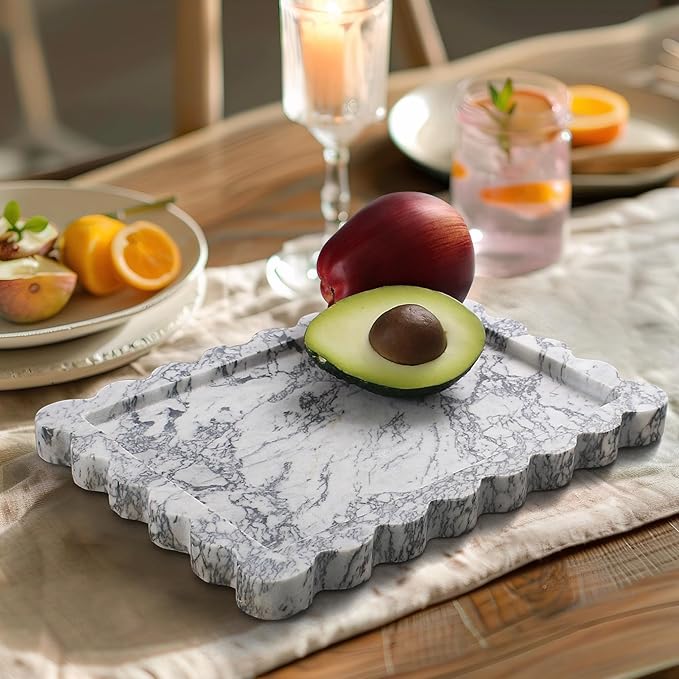 Genuine Scalloped Marble Tray, Real Natural Marble Stone Tray, Luxury Decorative Trays for Bathroom, Dresser, Vanity, Kitchen, Home Decor, 10.6" x 8", Calacatta Gray
