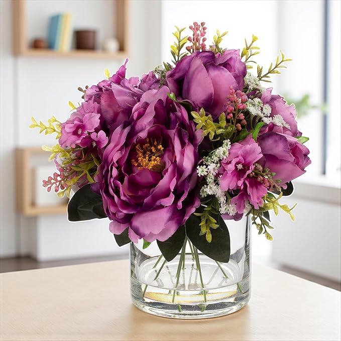 ENOVA FLORAL Artificial Silk Flower Arrangement with Vase,Mixed Artificial Silk Peony Flower in Vase for Decoration Home Office, Wedding Centerpiece (Purple)