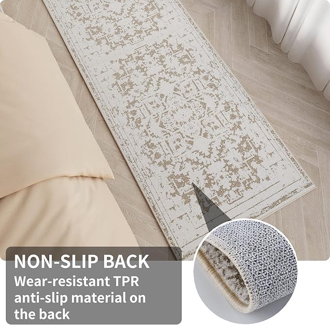 Vintage Runner Rug Non Slip for Hallway Bathroom Kitchen 2x8 ft, Ultra Soft Boho Carpet Runner with Low Pile Design Machine Washable Runner Rugs for Entryway Laundry Living Room (Khaki)