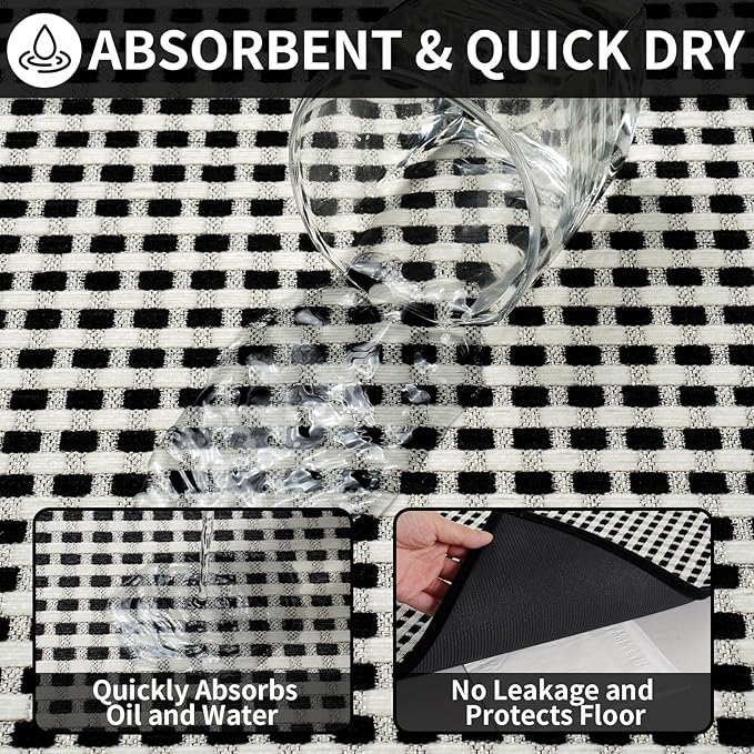 Kitchen Mats for Floor, Super Absorbent Kitchen Rugs Non Slip Washable, Rubber Backing Soft Chenille Braided Kitchen Runner Rug Standing Mat Sink Mat, Easy to Clean, Black 17"x30"