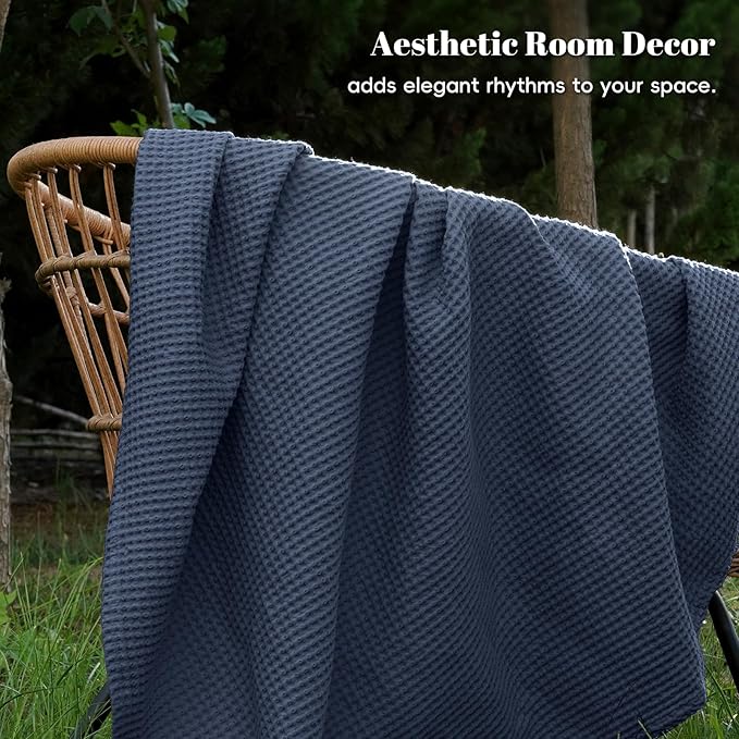 PHF 100% Cotton Waffle Weave Blanket Queen Size for Bed,Snag Proof Lightweight Breathable Moisture-wicking Throw for Couch,Great for Layering in Cold Weather,Machine Washable,Home Decor Gift-Dark Navy