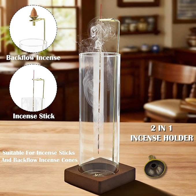 1 Pack HZCPENG Incense Holder, 2 in 1 Incense Burner for Sticks or Backflow Incense, Anti-ash Round Incence-Stick Holder with Wooden Base for Meditation, Yoga, Relaxation, and Home Décor
