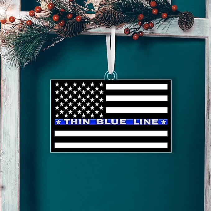 FLAGWIX Police Christmas Ornaments - Thin Blue Line Acrylic Christmas Ornaments 2025 for Tree Decorations - Police Gifts for Men Women, Inspirational Cop Gifts for Men Dad Grandpa