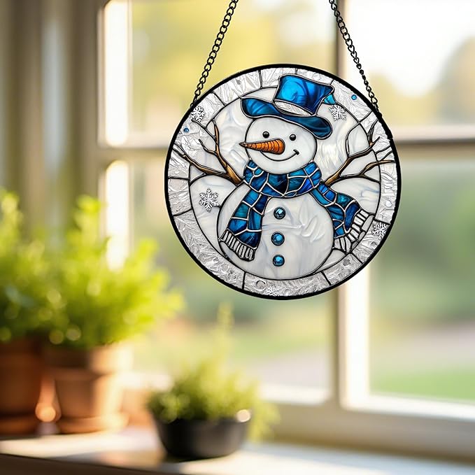 Stained Glass Window Hanging Christmas Snowman Blue White Large 15" - Suncatcher Door Garden Sun Catcher Home Decor Birthday Mother's Day Xmas Gift for Mom Men Woman Her Nana Parents Girl