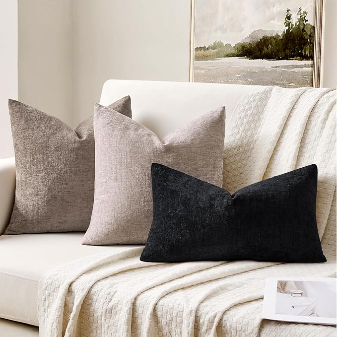 MIULEE Black Couch Pillow Covers 12x20 Inch, Set of 2 Soft Chenille Decorative Lumbar Throw Pillow Covers Farmhouse for Sofa Living Room Bed