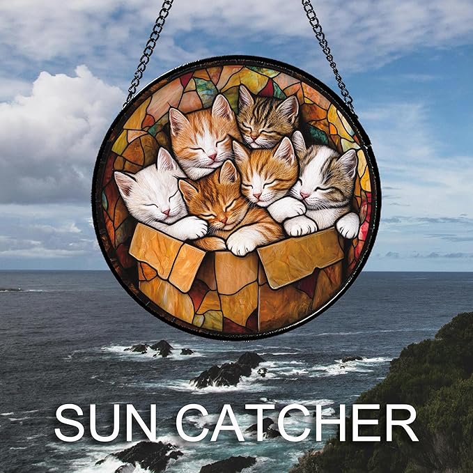 Stained Glass Window Hanging 6 Cute Kittens 6.3" - Cat Gift Suncatcher Door Sun Catcher Decor Birthday Christmas for Lost Pets Mom Men Woman Friend