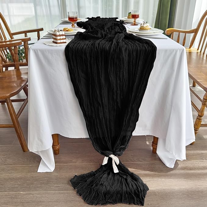 IVAPUPU 10 Pcs Cheesecloth Halloween Table Runner - 10ft Black Boho Gauze Black Cheese Cloth Table Runners for Halloween Decor Indoor Baby Shower Decoration Wedding Party Summer Garden Farmhouse