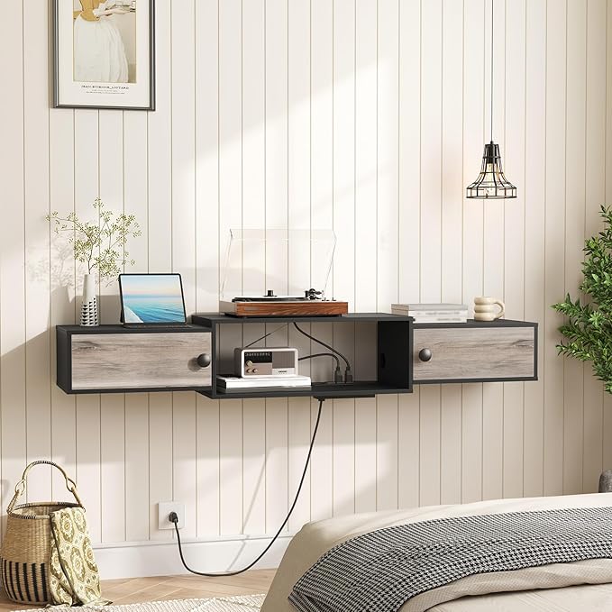 HOOBRO 55" Floating TV Stand with Power Outlets, Modern Wall Mounted Media Console Shelf with Doors, Entertainment Center for Under TV Storage, for Living Room, Bedroom, Greige and Black BG11UDS01