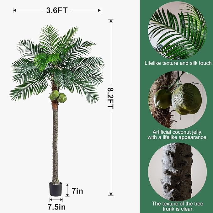 Artificial Phoenix Palm Tree 8.2ft Tall - Fake Large Tropical Tree with Adjustable Leaves, Realistic Faux Sago Palm for Indoor Outdoor Decor, Patio, Poolside, Yard, Living Room, Office