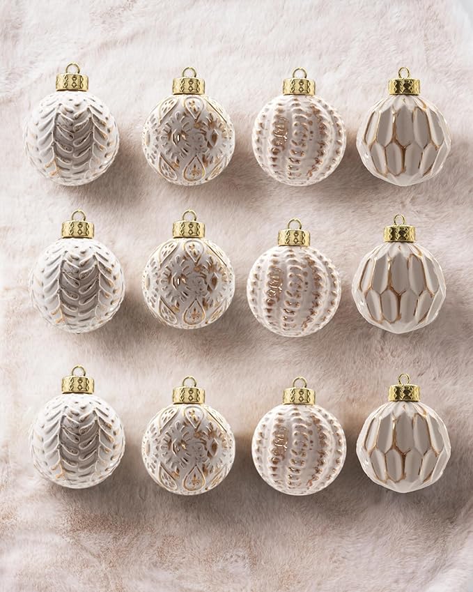 White and Gold Rustic Christmas Ball Ornaments, 3.15 inches Vintage Christmas Tree Decorations, 12 PCS Large Shatterproof Neutral Farmhouse Luxury Xmas Ornaments for Christmas Tree, Home Decor