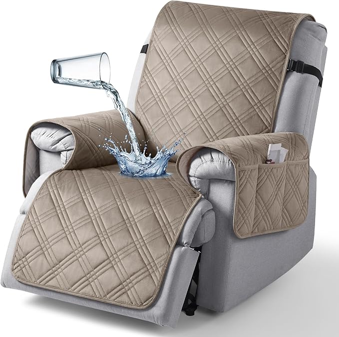 TAOCOCO 100% Waterproof Recliner Chair Cover, Recliner Covers for Recliner Chair with Pocket, Non Slip Reclining Chair Cover Furniture Protector for Kids, Pets(30'', Light Taupe-Velvet)