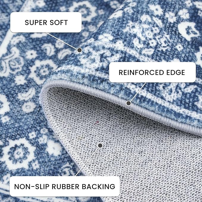 Vintage 3x5 Washable Rug for Entryway, Super Soft Denim Blue White Entryway Rug with Non-Slip, Printed Faux Wool Floral3x5 Area Rug Thin Floor Carpet for Kitchen, Bedroom, Living Room
