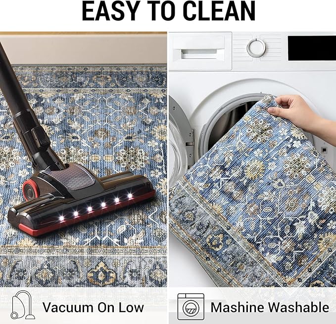 KUTA Runners for Hallways 2x5 ft, Vintage Floral Rug Non-Slip Washable Kitchen Rugs Blue Grey Beige Ultra Thin Soft Printed Distressed Flower Carpet Entryway Rugs for Bedroom Laundry Nursery