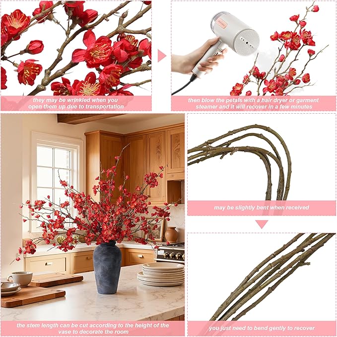 6 PCS Artificial Cherry Blossom Branches Spring Indoor Decoration, Faux Flowers 34.45" Long Stems Red Plum Fake Peach Plants Real Touch Silk for Wedding Home Bedroom Party Table Office