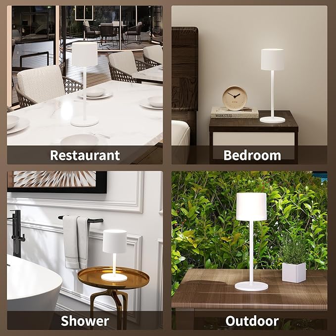 Cordless Table Lamp, Portable LED Desk Lamps, 2 Adjustable Height, 4400mAh Battery Powered Rechargeable Light, 3 Color Stepless Dimming Up,for Restaurant, Bedroom, Outdoor Camping (White)
