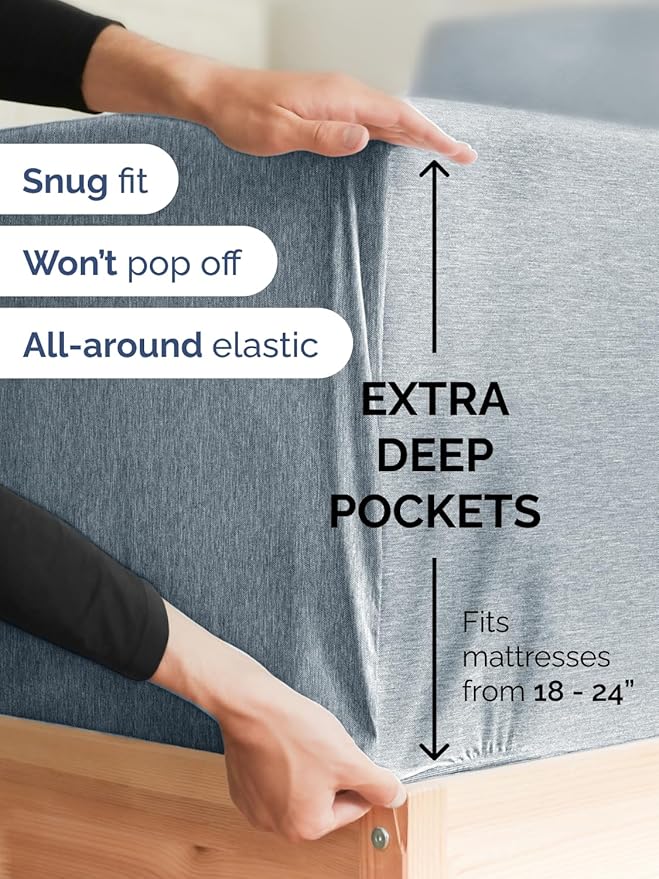 Extra Deep Split King Sheet Set - 7 Piece Breathable & Cooling Sheets - Hotel Luxury Bed Sheets Set - Easy Fit - Soft, Wrinkle Free & Comfy Sheets Set - Heathered Blue Sheet Set w/Extra Deep Pockets