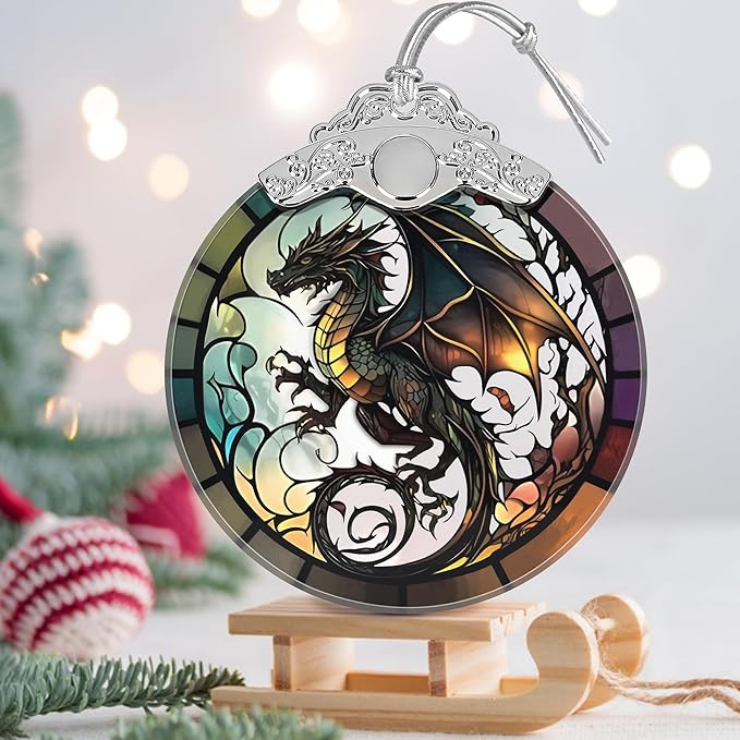 Stained Glass Suncatcher Ornament - Flying Dragon Christmas Decorations - Christmas Ornaments for Tree - Holiday Present Ideas - Gift Exchange
