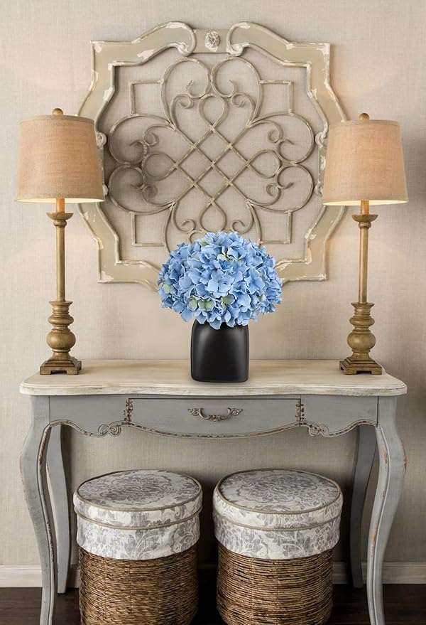 Briful Hydrangea Artificial Flowers Blue Silk Hydrangea Flowers in Deep Black Ceramic Vase Spring Flowers Arrangments Potted Fake Flowers for Home Decor Indoor Farmhouse Table Wedding Centrepiece