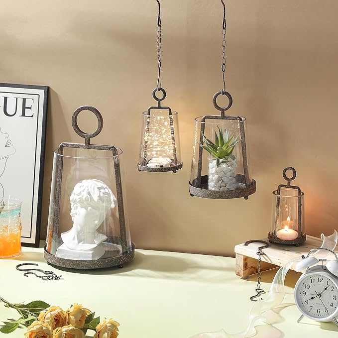 4" Wide Modern Farmhouse Metal Hurricane Candle Holder with Handmade Sturdy Glass Sleeve in Rustic Brown for 2" Pillar Candle & Plants, Glass Hurricane Lantern, Industrial, Minimalistic