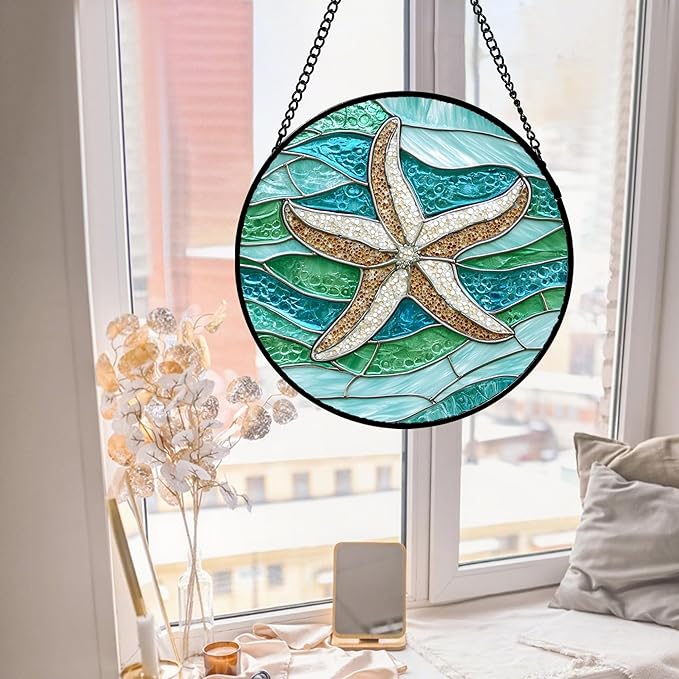 Stained Glass Window Hanging Teal Sea Waves Starfish 7.8" - Suncatcher Door Garden Sun Catcher Home Decor Birthday Mother's Day for Mom Men Woman Parents Her Child Nana
