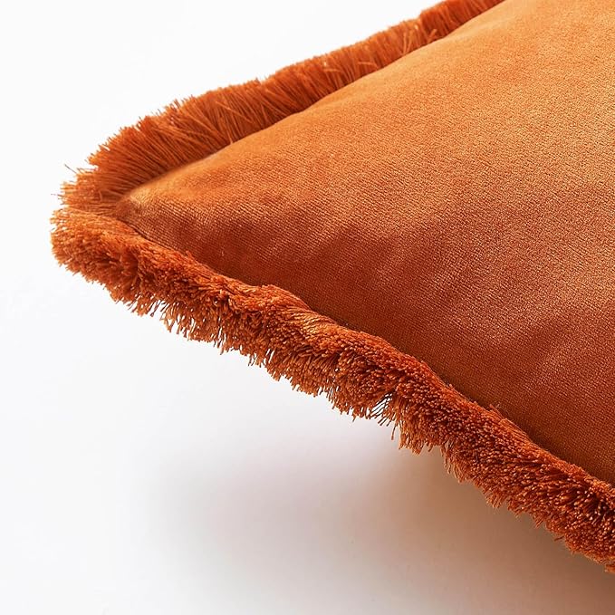 JUSPURBET Rust Velvet Throw Pillow Covers 24x24 Inch Set of 2 with Soft Tassel Fringe Luxury Boho Pillowcase for Sofa Couch Bed Home Decor Machine Washable