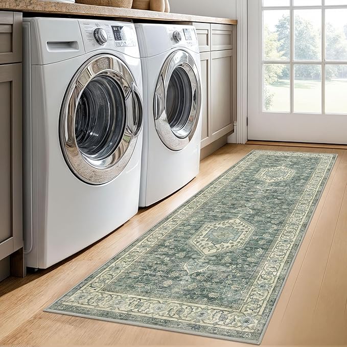 KUTA Runners for Hallways 2x6 Green, Vintage Floral Kitchen Rugs Non-Slip Washable Runner Ultra Soft Printed Retro Flower Carpet Entryway Rug for Bedroom Laundry Nursery Entryways