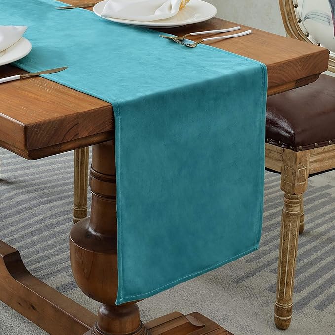 BALCONY & FALCON Velvet Table Runner 14"x118" Lake Blue Luxury Machine Washable Farmhouse Vintage Runner for Table Dining, Party, Wedding, Birthday, Easter, Thanksgiving & Christmas & Home Décor