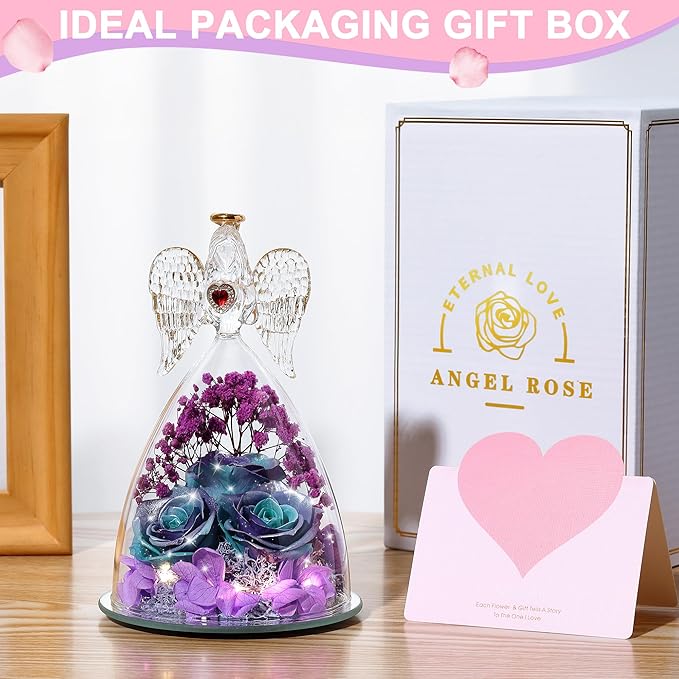 Mothers Day Rose Gifts for Women, Large Angel Figurines with Real Roses, Preserved Real Flower Rose for Her, Glittery Blue Purple