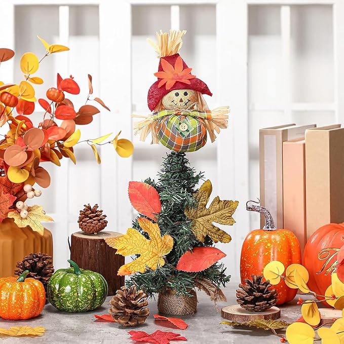 Thanksgiving Scarecrow Tree Topper, 8 Inches Harvest Autumn Tree Ornaments, Fall Christmas Treetops Ornaments for Farmhouse Home Party Supplies