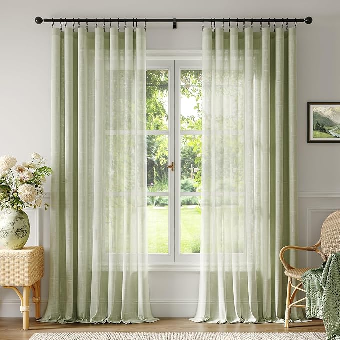Anmao Natural Linen Curtains for Living Room 102 Inch Length 2 Panels Set, Light Filtering Semi Sheer Window Curtain Drapes for Bedroom with Curtain Rings and Clips, 52 Inch Wide Each Panel, Sage