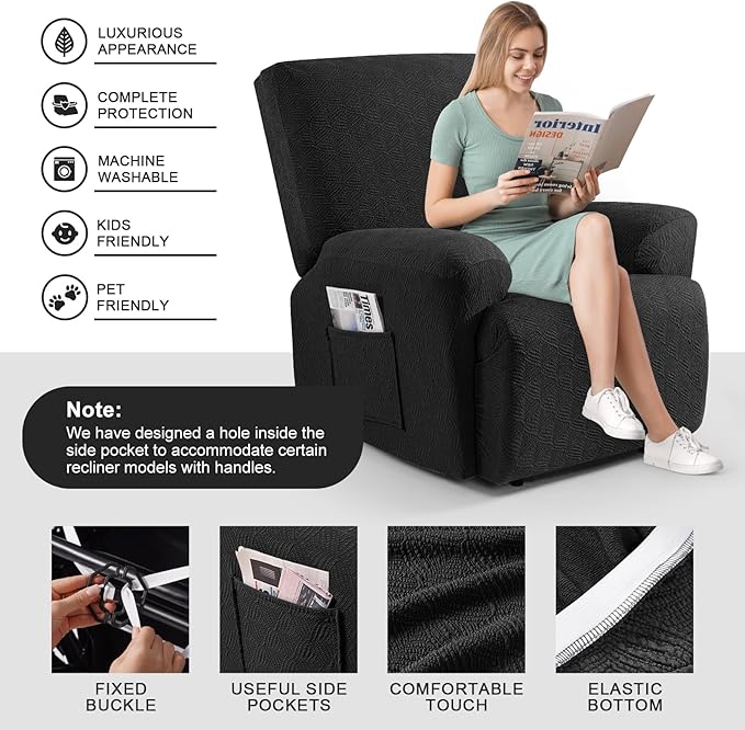 Timeles Recliner Covers Extra Wide Recliner Chair Covers Reclining Couch Covers Sofa Slipcovers Stretch Soft Washable (Single-Seater Oversized, Black)