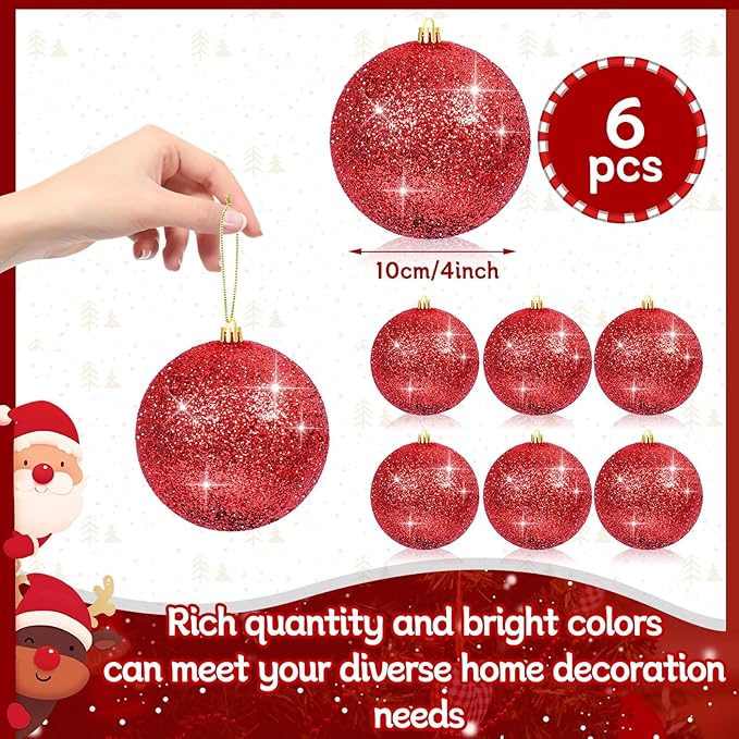 6Pack Red 4inch Large Christmas Balls Christmas Tree Decoration Ornaments Shatterproof Glitter Christmas Hanging Balls for Christmas Tree Party Indoor Outdoor Decoration(Red, 4inch-6pcs)
