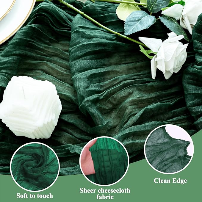 Table Runner Cheesecloth 10FT Emerald Green Boho Gauze Cheese Cloth Rustic Sheer Table Runners for Wedding Bridal Baby Shower Party Decoration