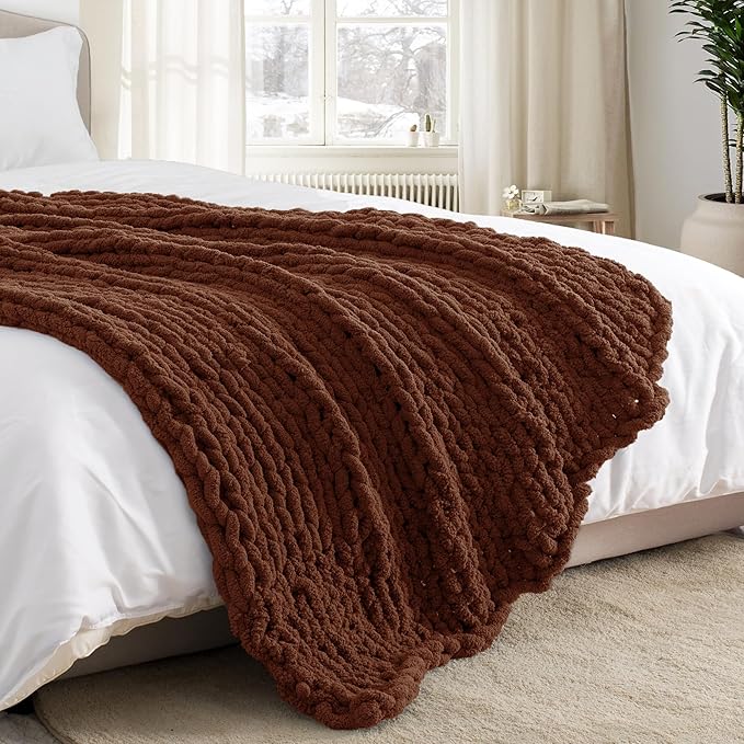 Chunky Knit Throw Blanket 60"X 80", 100% Handmade with Soft Chenille Yarn, 6.7lbs Thick Cable Knitted Blankets, Large Rope Knot Crochet Throws for Couch Sofa Bed Home Decor, Dark Brown