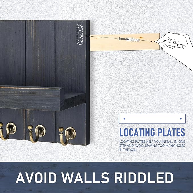 Rebee Vision Pine Wood Key Holder Wall Mount with Floating Shelf – Farmhouse Key Holder for Wall to Elevate Home Decor – Mail Organizer for Apartment Essentials (Royal Blue,3.54" x 10" x 7.28")