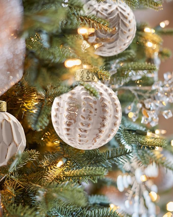 White and Gold Rustic Christmas Ball Ornaments, 3.15 inches Vintage Christmas Tree Decorations, 12 PCS Large Shatterproof Neutral Farmhouse Luxury Xmas Ornaments for Christmas Tree, Home Decor