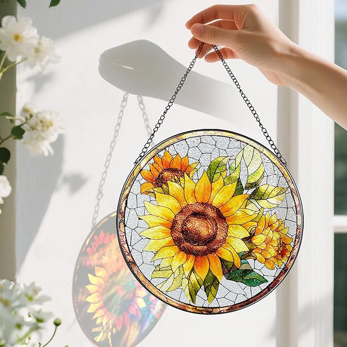 8-Inch Stained Glass Ornament, Stained Glass Window Hanging, Suncatcher Window Hanging, Home Decor, Sunflower Ornament | Mother's Day, Christmas, Birthday | Gifts for Flower Lovers, Mom & Friend