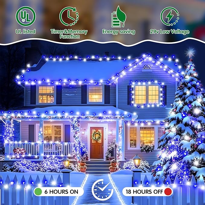 Heceltt Christmas Lights Outdoor, 522FT 1300 LED String Lights with 8 Lighting Modes, Timer Memory Twinkle Fairy Lights Waterproof Plug in for Xmas Tree Wedding Party Holiday Decor(Blue and White)