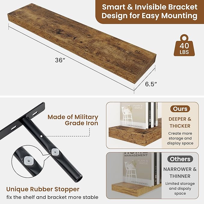 fuqing Floating Shelves for Wall, Wall Mounted Wood Floating Shelf with Invisible Brackets for Living Room, Bathroom, Bedroom, Kitchen Storage and Decor, 36 Inch Set of 2, Rustic Brown