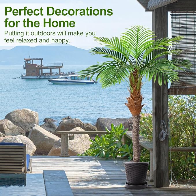 5ft Artificial Phoenix Palm Tree for Outdoor Indoor Decor, Faux Coconut Silk Palm Tree Tropical Fake Tree Plant for Outside Patio Indoor Home Office Bathroom Pool Coastal Decor (Set of 2)