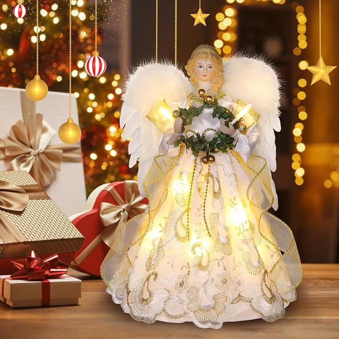 12.5" Angel Christmas Tree Topper with Lights, Lighted Angel Tree Topper with White Feather Wings and Garland, Remote Control, Timer & USB Powered for Indoor Holiday Decoration