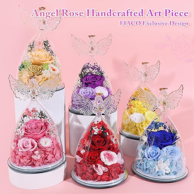 FIACO Gifts for Women Preserved Rose Forever Flower Rose in Glass Angel Figurine Preserved Fresh Flowers for Delivery Prime Mothers Day Birthday Gifts for Mom Grandma Wife Sister Blue